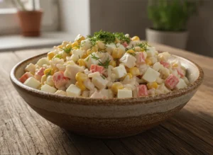 Классический перемешанный (не слоёный) «Крабовый» салат: куб — главный