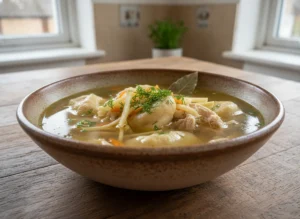 Куриный суп с клёцками — прозрачный куриный бульон из голени — главный