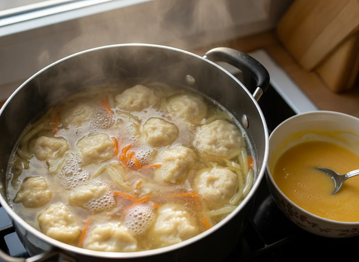 Куриный суп с клёцками — прозрачный куриный бульон из голени с шинкованным (соломкой) картофелем, мелко тёртой — приготовление