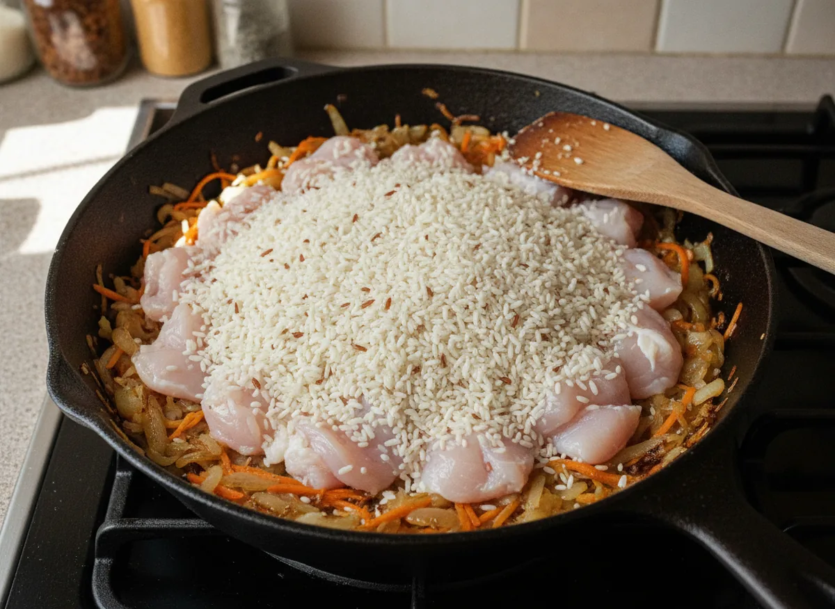 Плов с куриной грудкой, приготовленный не в казане, а в обычной (чугунной) сковороде: рассыпчатый рис двух сор — приготовление