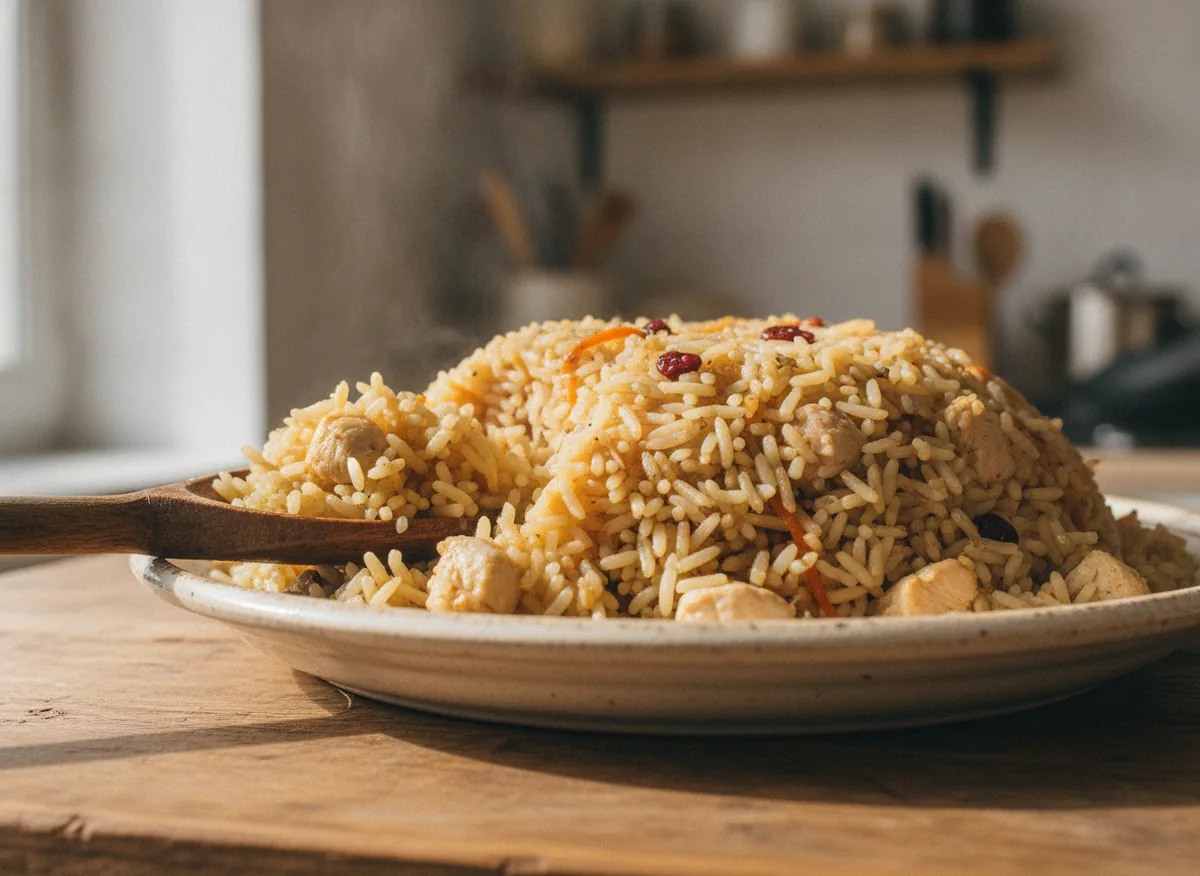 Плов с куриной грудкой, приготовленный не в казане, а в обычной (чугунной) сковороде: рассыпчатый рис двух сор — порция