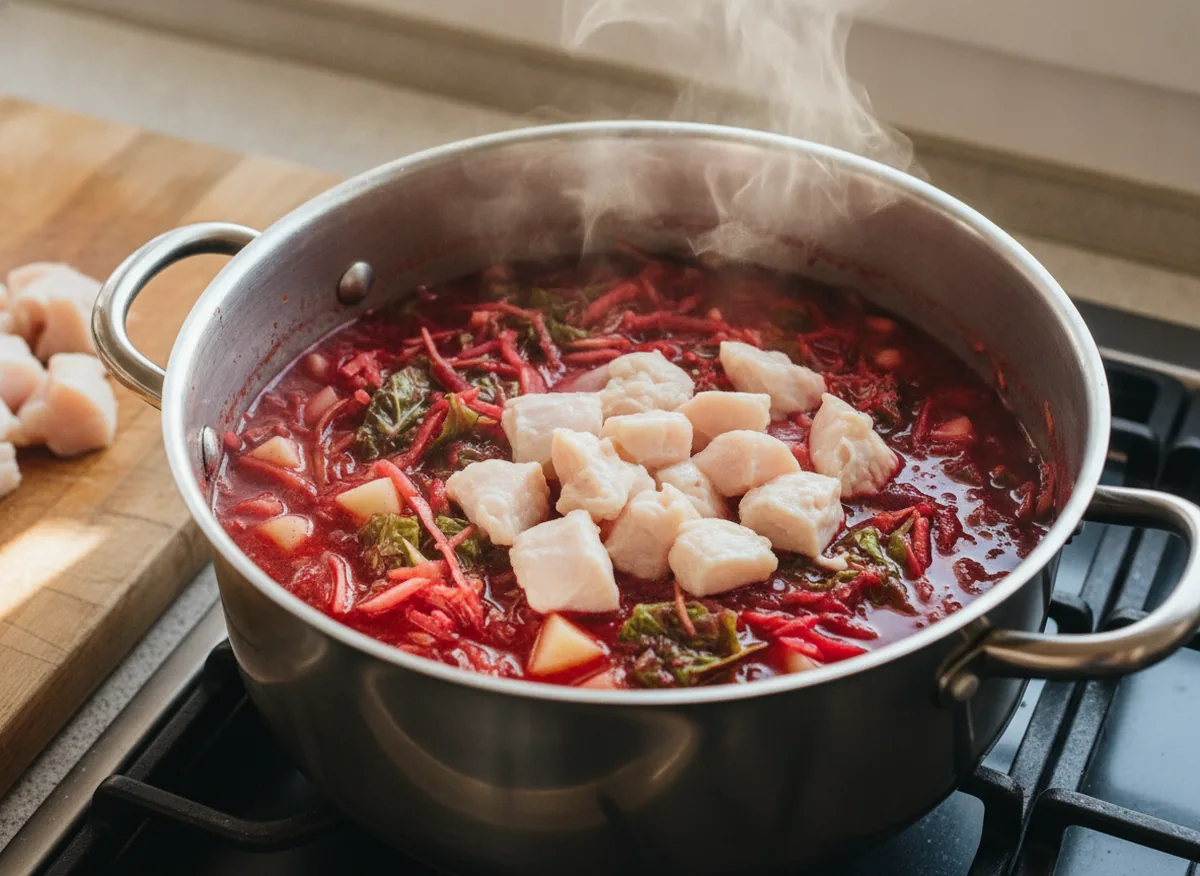 Красный борщ на воде (без предварительного бульона) с кубиками куриной грудки: тёртая свёкла и морковь, шинков — приготовление