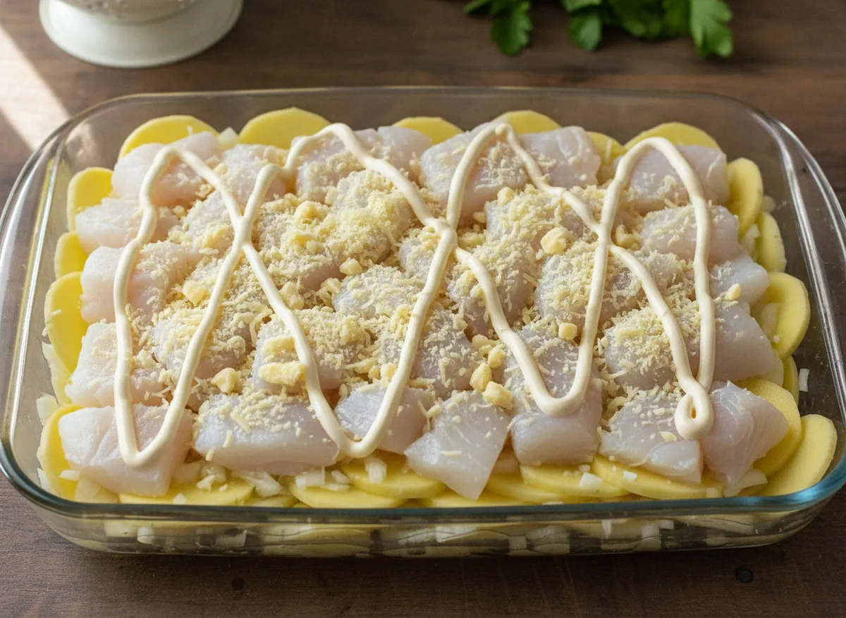 Запеканка на противне: слой картофеля соломкой/кружочками с мелко резаным луком, сверху кубики филе минтая, за — приготовление