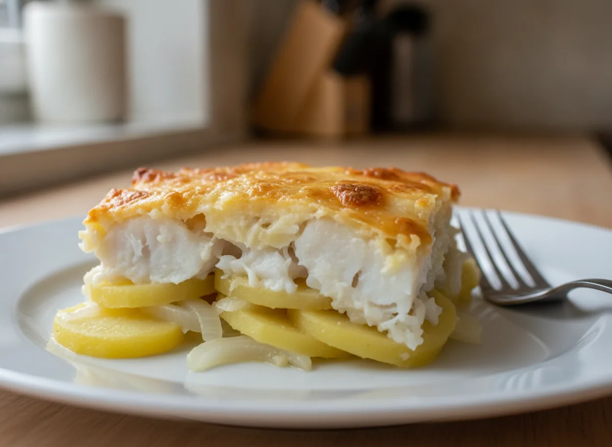Запеканка на противне: слой картофеля соломкой/кружочками с мелко резаным луком, сверху кубики филе минтая, за — порция