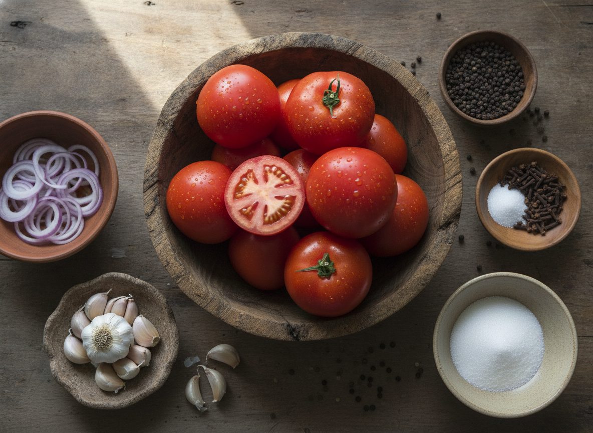 Продукты для кетчупа: помидоры, лук, чеснок, специи