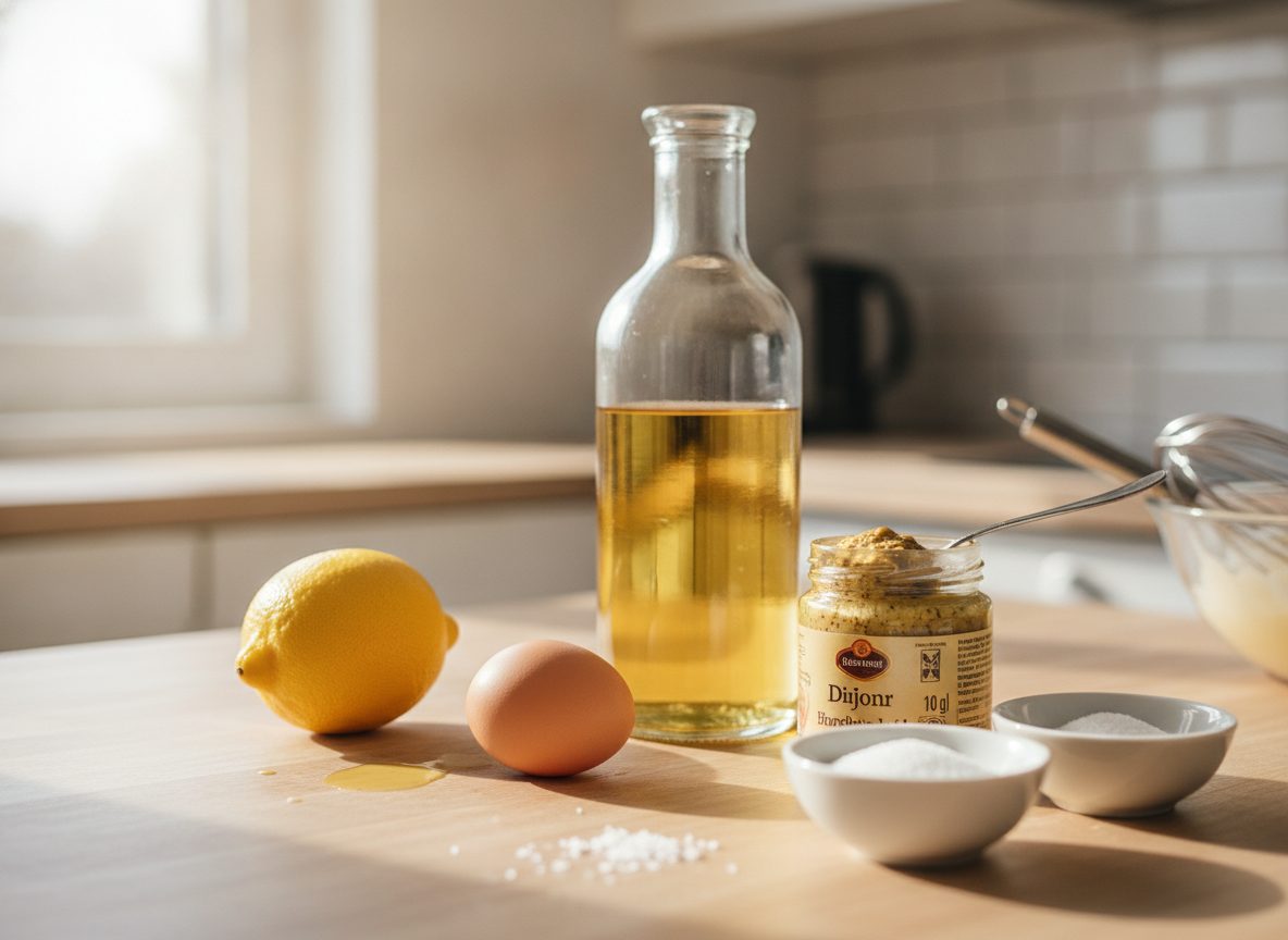 Продукты для домашнего майонеза: яйцо, масло, горчица, лимон, соль и сахар