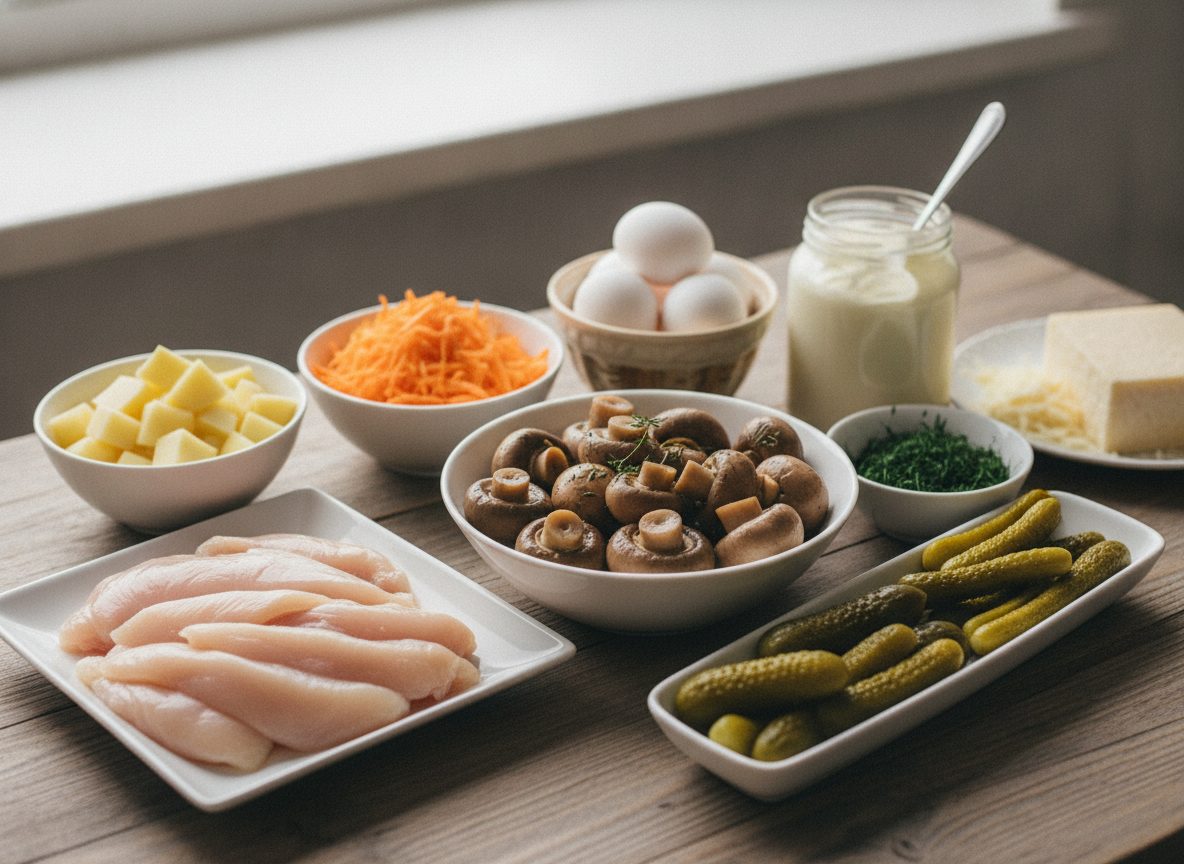 Маринованные шампиньоны, куриное филе, овощи, яйца, сыр и зелень перед приготовлением
