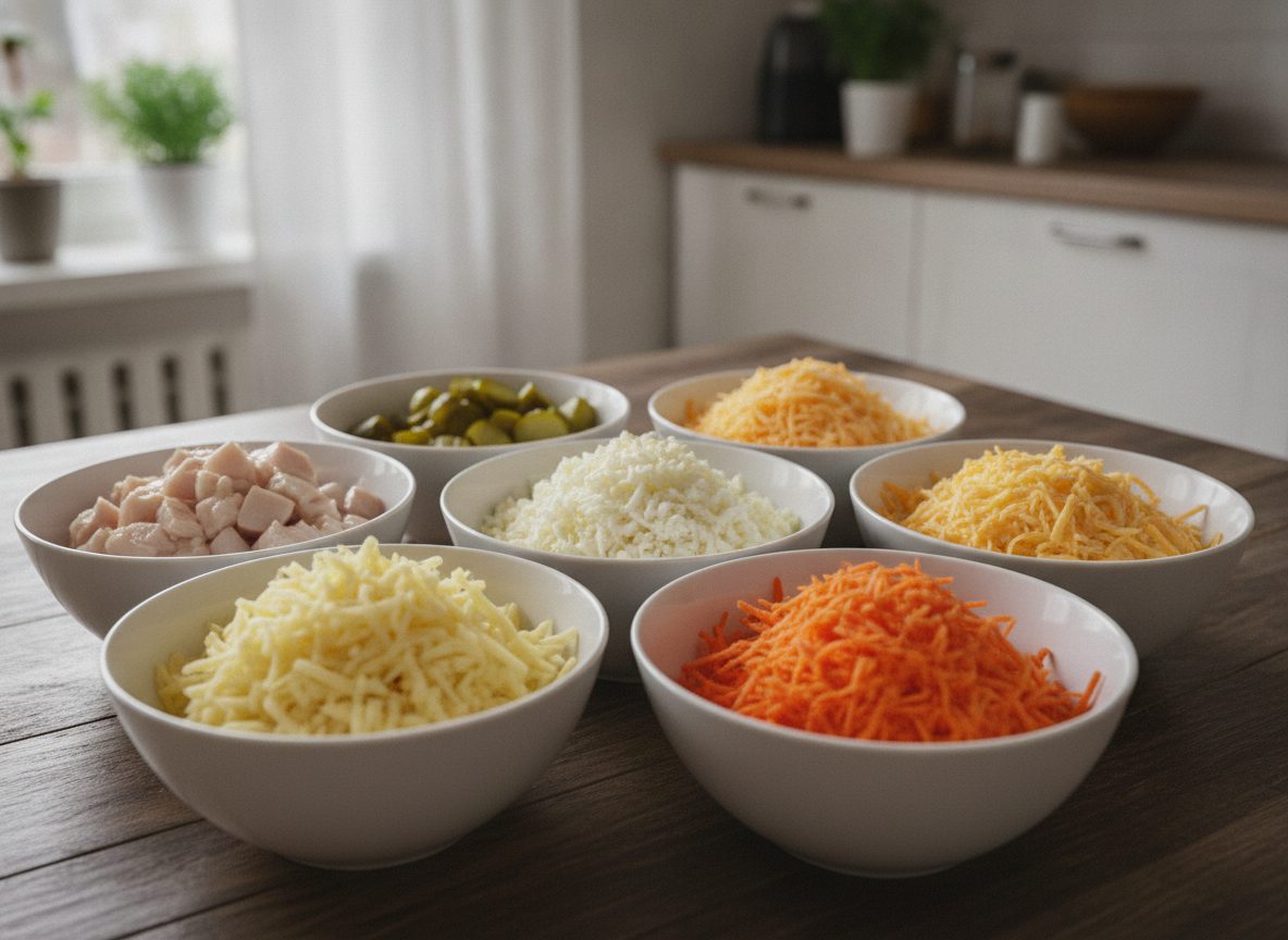 Подготовленные натёртые овощи, яйца и сыр рядом с нарезанной курицей и огурцами