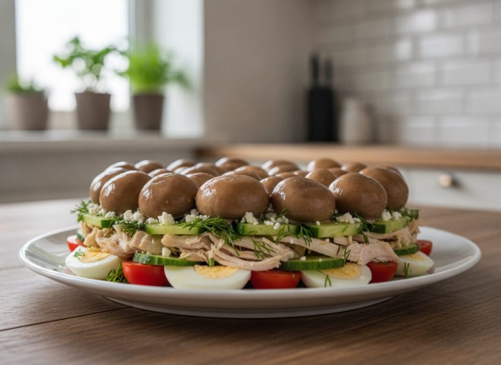 Слоёный салат с маринованными шампиньонами, курицей и зеленью на праздничном блюде