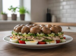 Слоёный салат с маринованными шампиньонами, курицей и зеленью на праздничном блюде