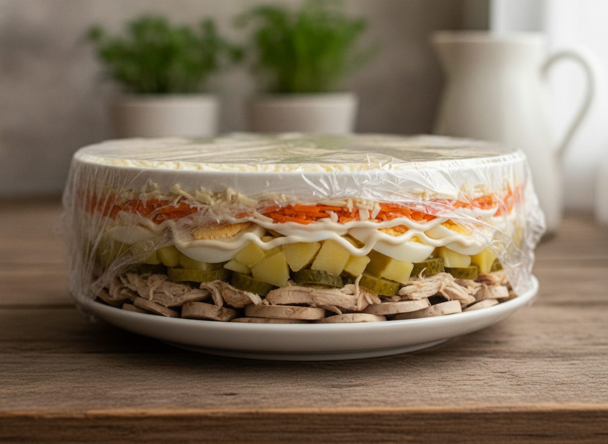 Собранный слоёный салат в миске с видимыми слоями курицы, огурцов, овощей, яиц и сыра