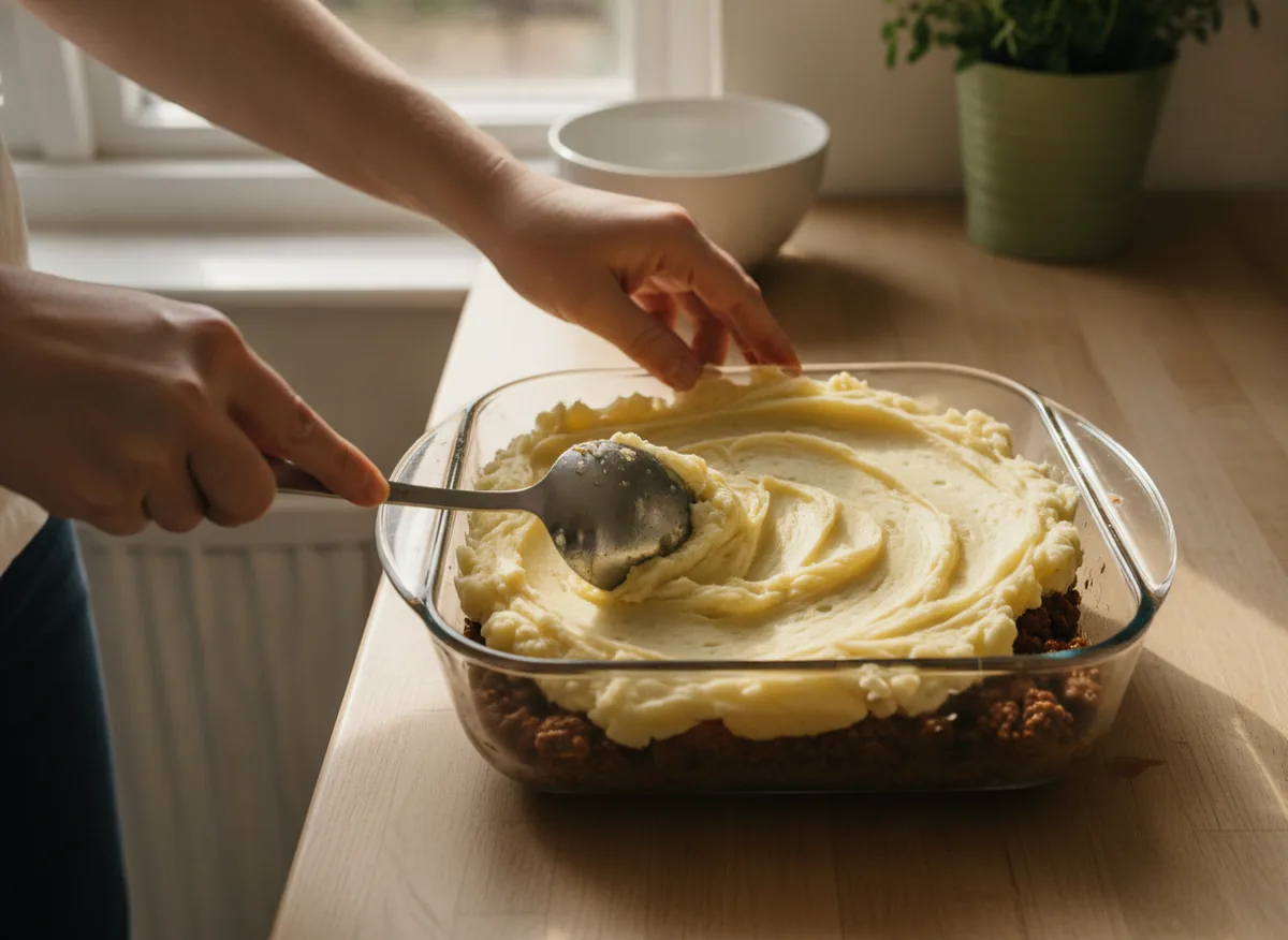 Картофельное пюре и обжаренный фарш перед сборкой запеканки