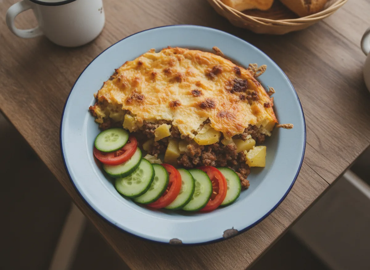 Кусок запеканки с фаршем и салатом из свежих овощей