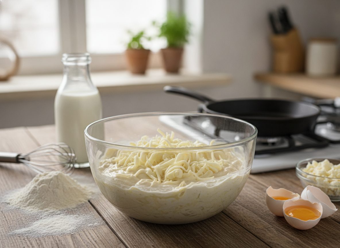 Тесто с тёртым сыром и продукты для ленивого хачапури