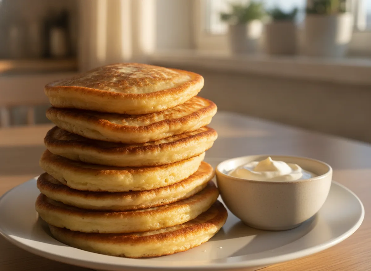 tall stack of thick golden yeast pancakes on a white ceramic plate, small bowl of sour cream beside it, soft m