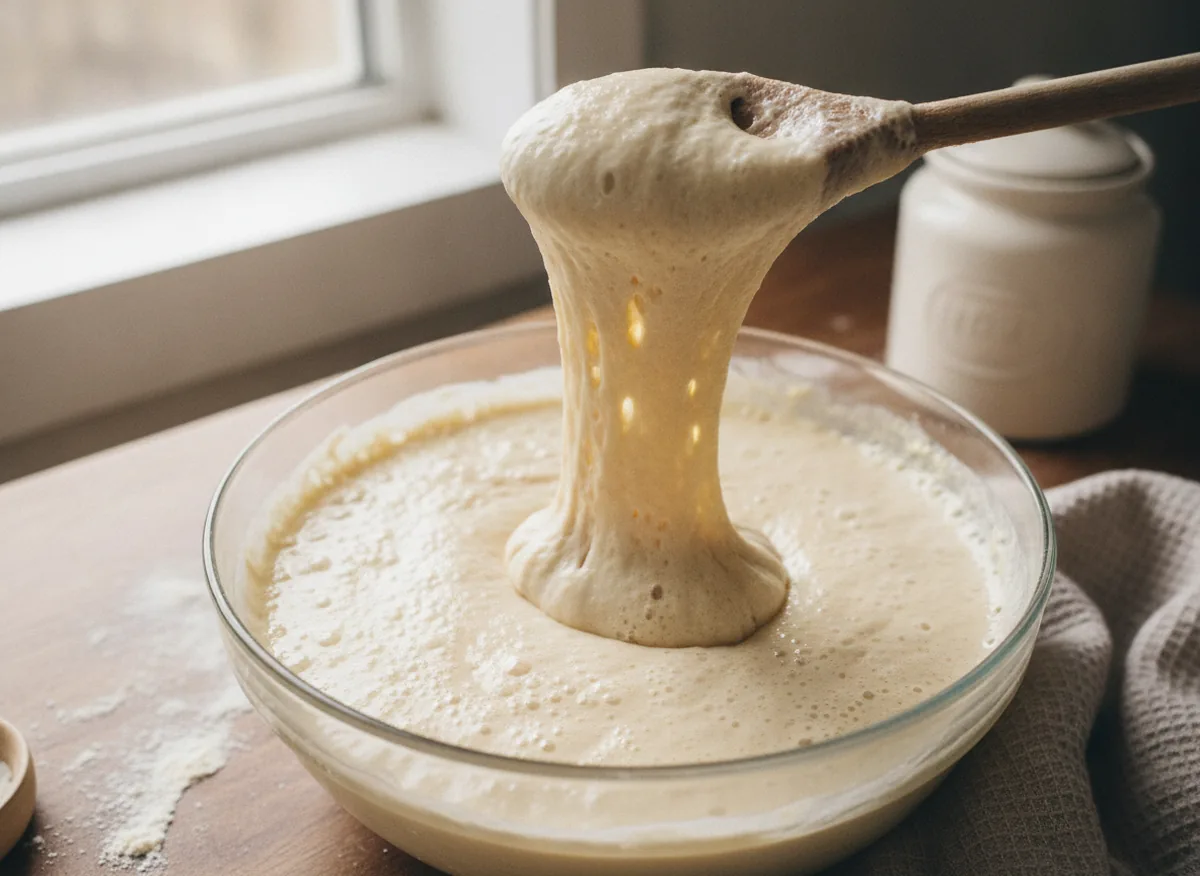 close-up of risen bubbly yeast batter in a glass bowl, a wooden spoon lifting a thick ribbon of dough, overhea