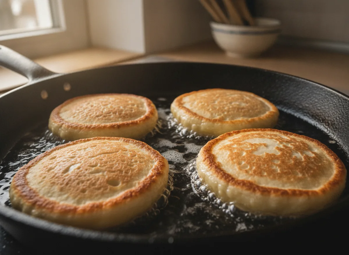 four thick pancakes frying in sunflower oil in a cast-iron skillet, golden bubbling edges, side angle at pan l