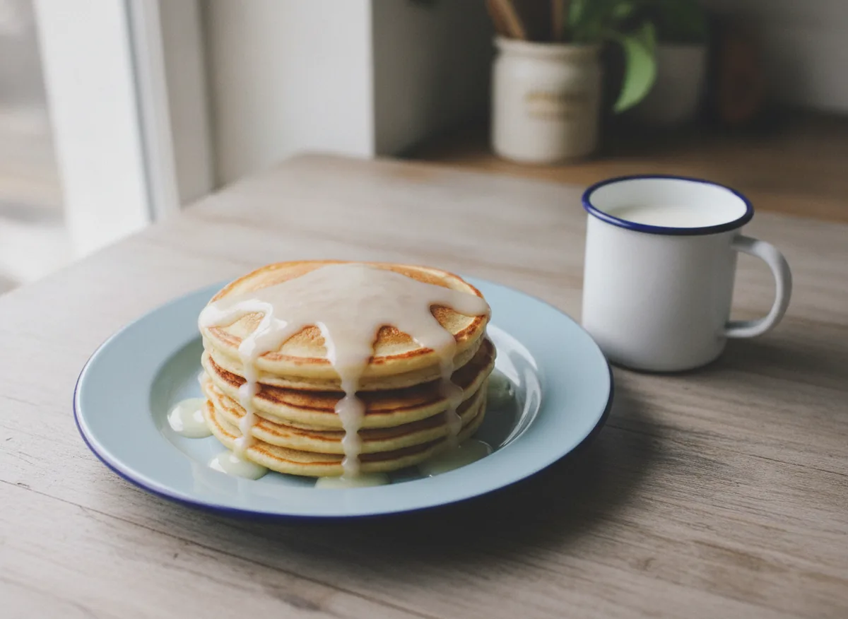 pancakes on a pale blue childs plate drizzled with condensed milk, enamel mug of milk behind, top-down flat la