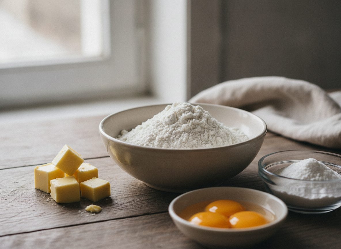 Продукты для песочного теста: мука, масло, сахар, яичные желтки
