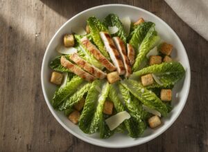 Салат Цезарь с курицей, пармезаном и гренками в тарелке