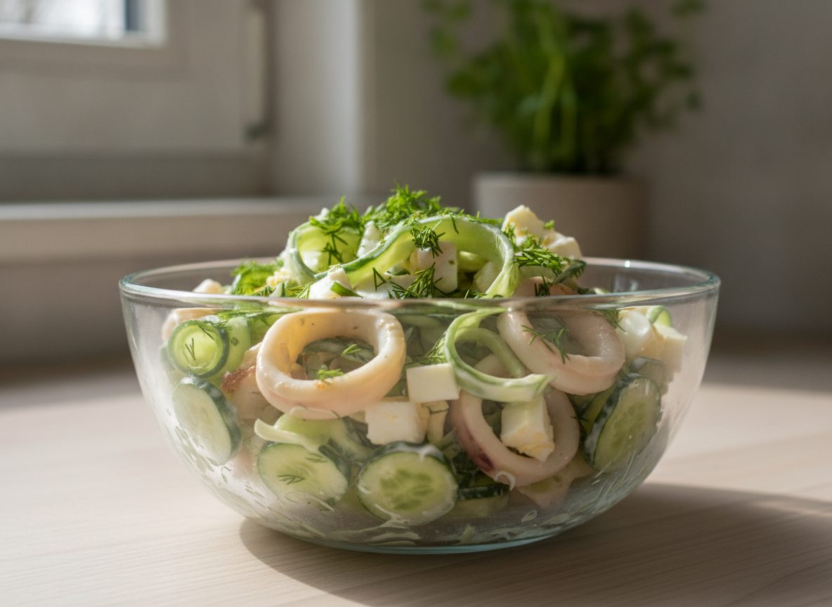 Салат с кальмарами, свежим огурцом и яйцом в салатнике