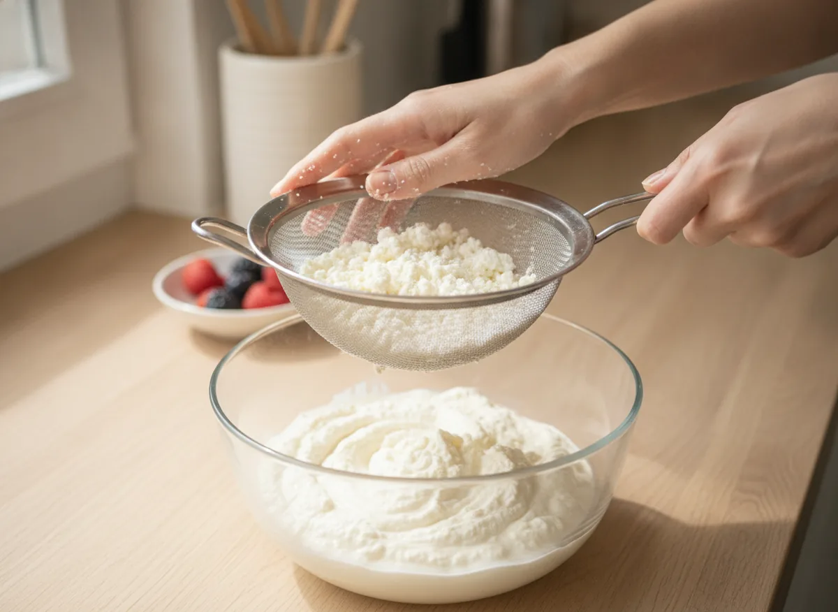 hands pressing curd through a metal sieve into a glass bowl, white curd crumbs on the mesh, overhead angle, br