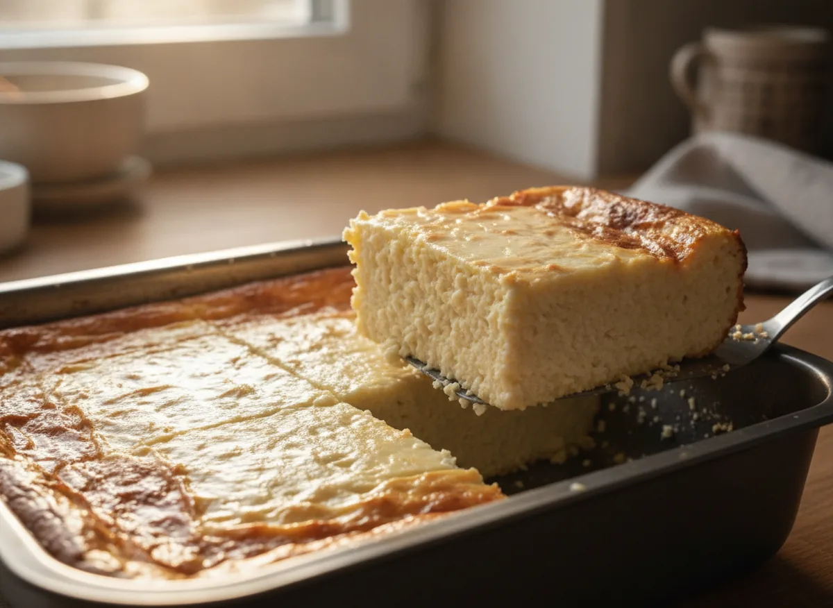 baked square curd casserole in a metal baking tray, one square already lifted out with a spatula, glossy sour