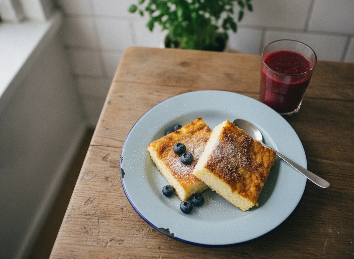 childs plate with two squares of curd casserole and a glass of berry kissel, pale blue enamel tableware, top-d
