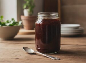 Готовый устричный соус в стеклянной банке с ложкой
