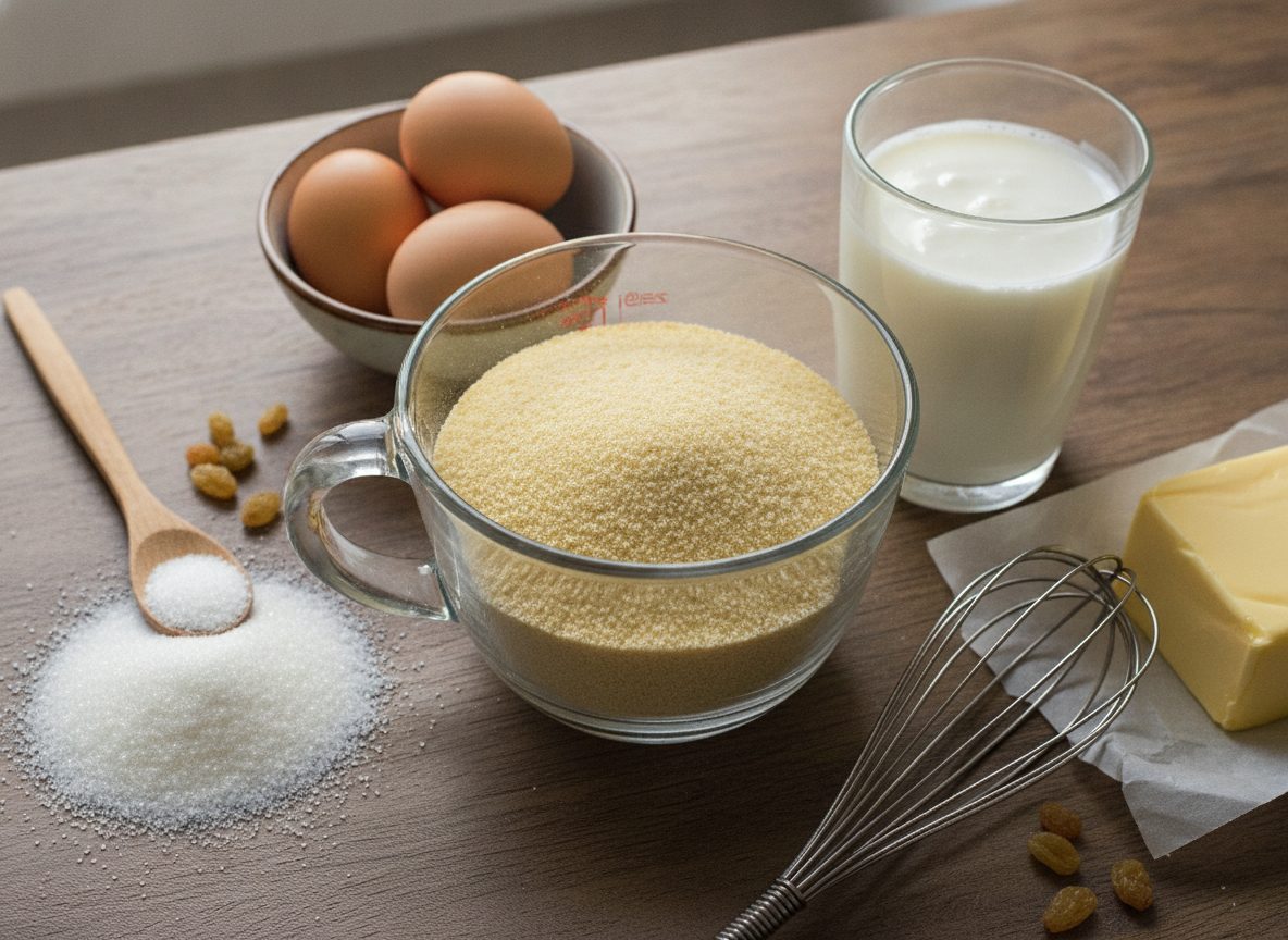 Продукты для манника: манка, кефир, яйца, сахар и масло на столе