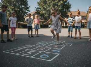 Дети играют в классики на асфальте во дворе