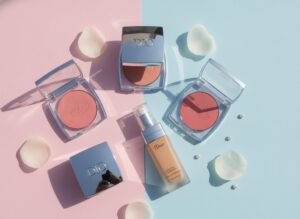 Румяна Dior Rouge Blush и тональный крем Dior Forever на светлом фоне