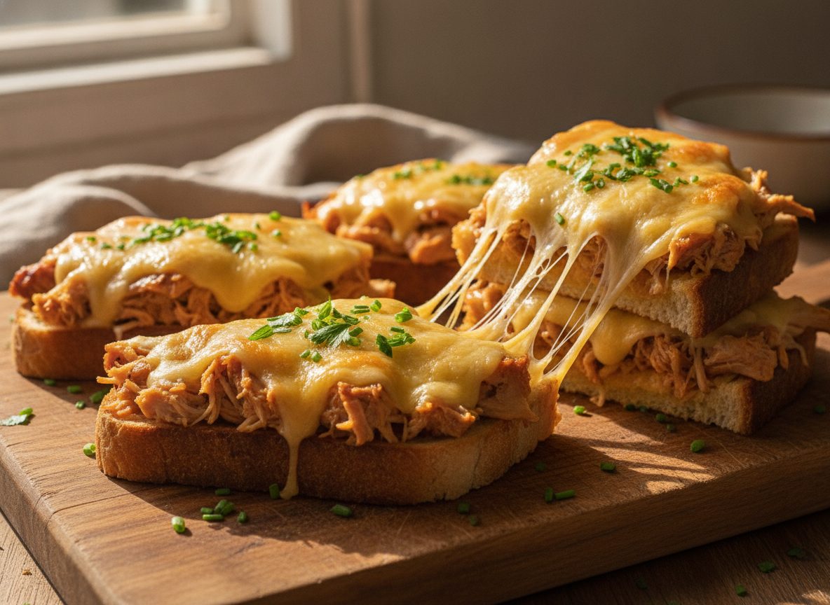 Горячие бутерброды с курицей и сыром, разрезанные пополам