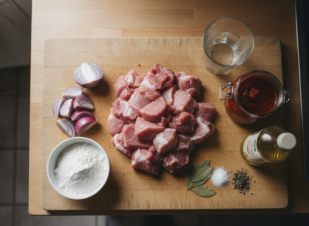 Продукты для тушёной свинины: мясо, лук, мука, томатная паста, масло и специи