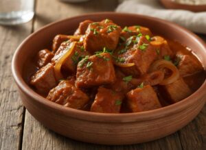Тушёная мякоть свинины кусочками в густой томатной подливе в глубокой тарелке