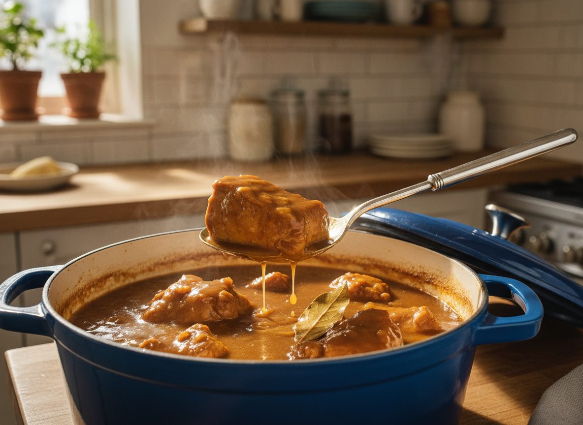 Тушёная свинина с подливой томится под крышкой, ложка поднимает кусок мяса с густым соусом