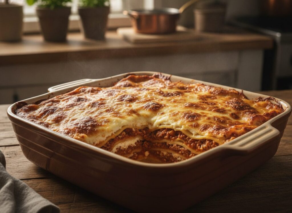 Готовая лазанья с фаршем с румяной сырной корочкой в форме