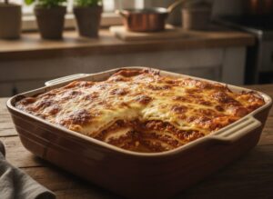 Готовая лазанья с фаршем с румяной сырной корочкой в форме