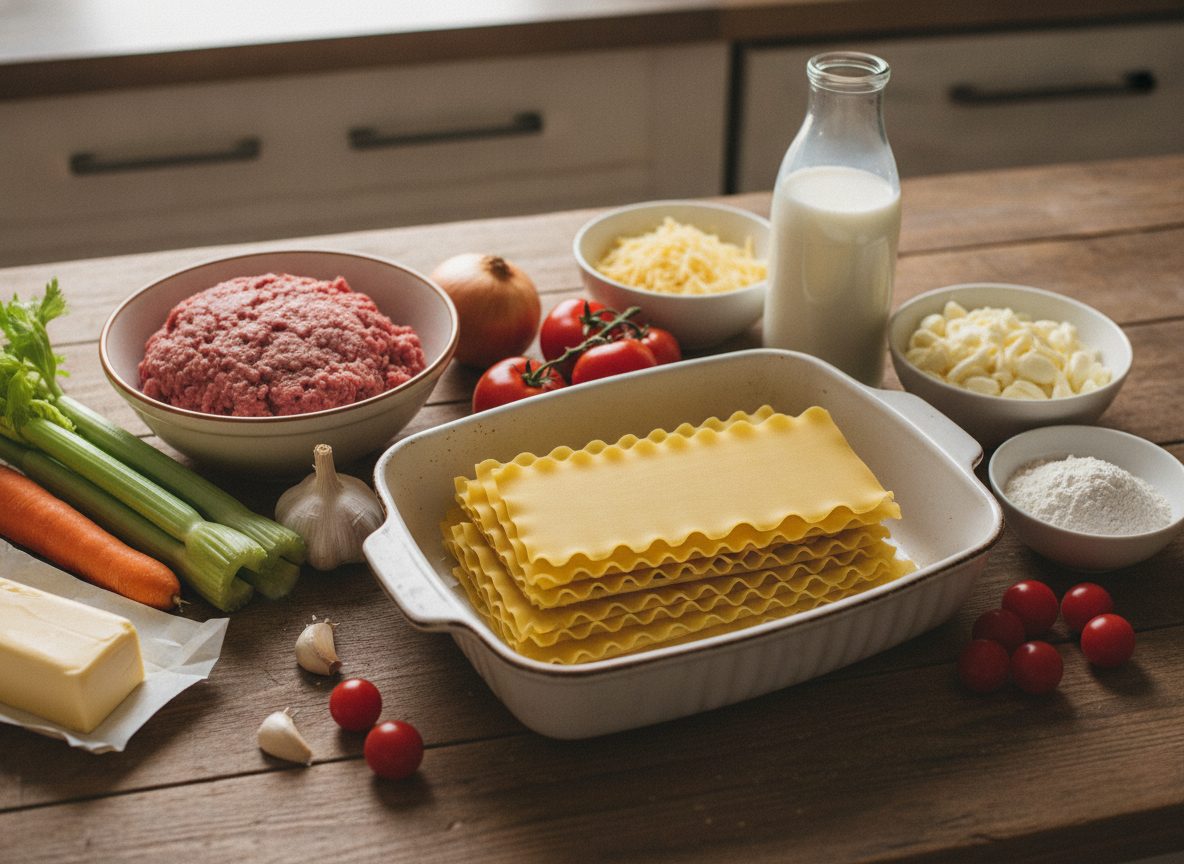 Продукты для лазаньи на столе: листы, фарш, овощи, молоко, сыр