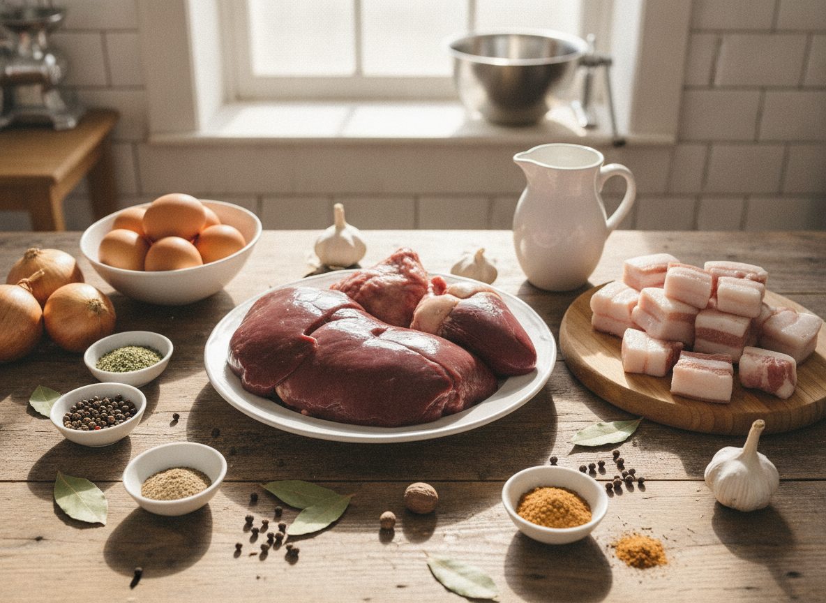 Продукты для ливерной колбасы: печень, сердце, сало, лук, яйца