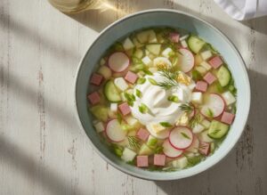 Миска окрошки с зеленью и ложкой