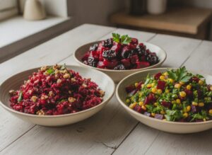 Миски с салатами из свеклы: с орехами, черносливом и кукурузой