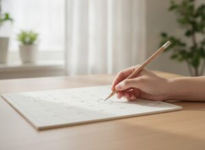 Женщина отмечает карандашом день овуляции в календаре