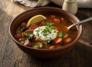 Готовая мясная солянка в тарелке с лимоном и сметаной