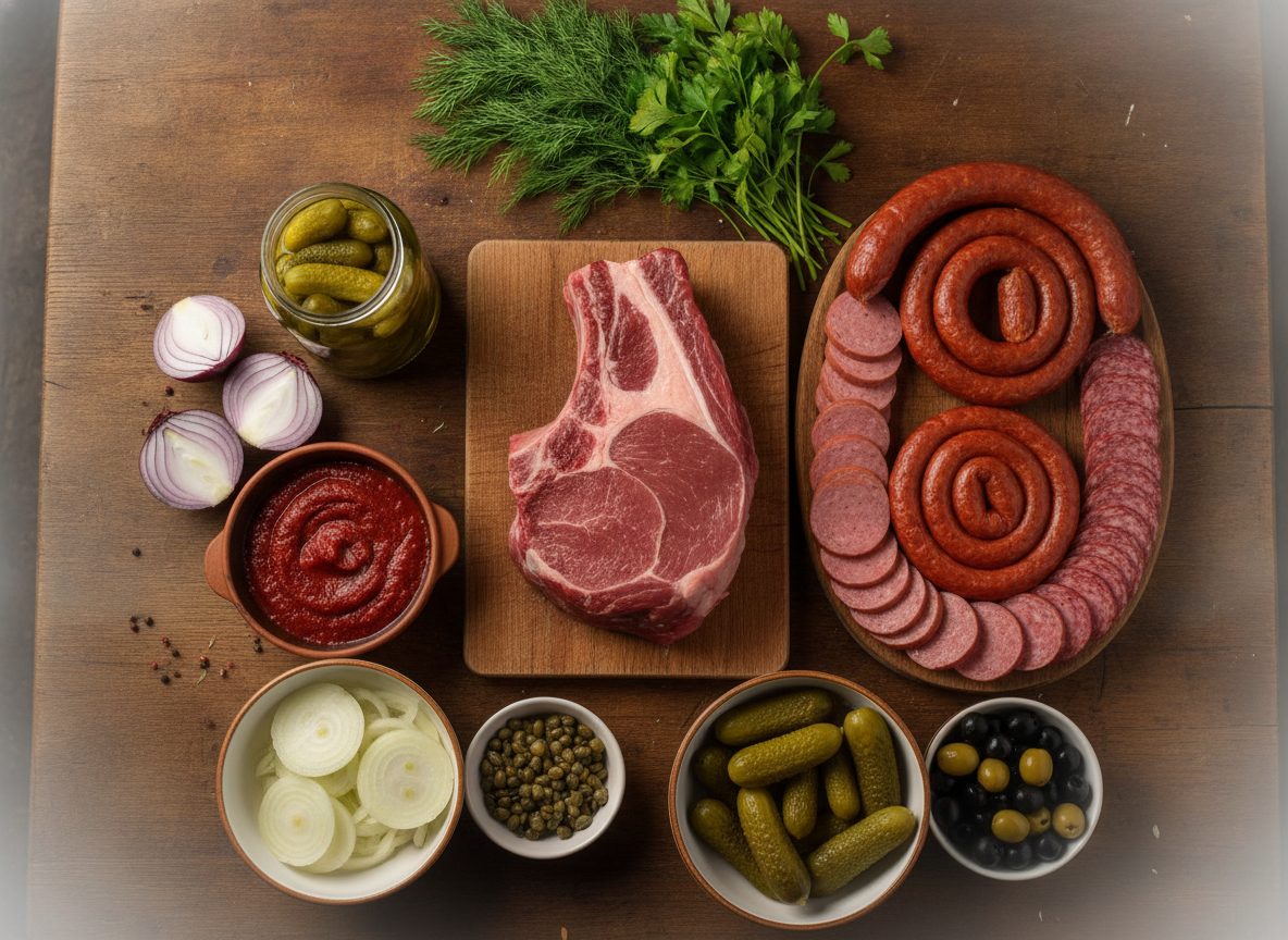 Ингредиенты для мясной солянки: говядина, колбасы, солёные огурцы, томатная паста