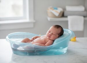Новорожденный спокойно лежит в детской ванночке во время купания