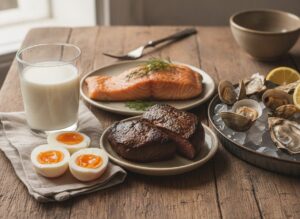 Продукты с витамином B12: печень, рыба, яйца, молоко