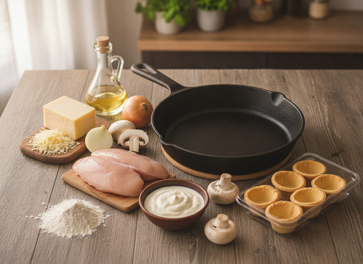 Продукты для жульена в тарталетках: курица, грибы, лук, сливки, сыр, тарталетки